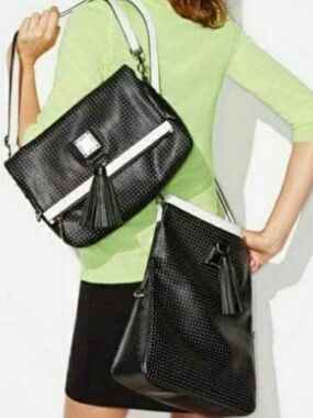 mark. Versatile Black Shoulder Bag with White Trim and Tassels NWOT